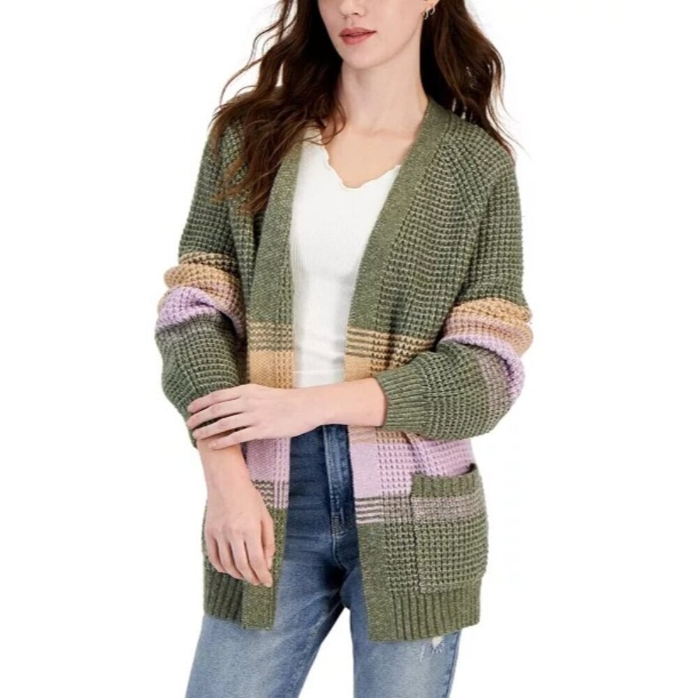 Freshman Women's Ombre Striped Waffle Knit Long Cardigan Pockets Size S NWT